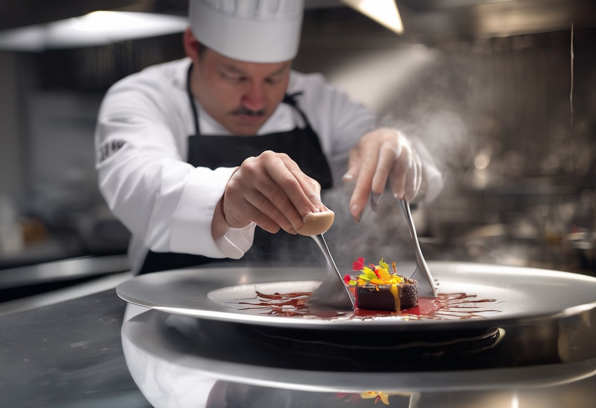Photorealistic medium shot of a chef meticulously plating a complex dessert in a Michelin-star kitchen.jpeg