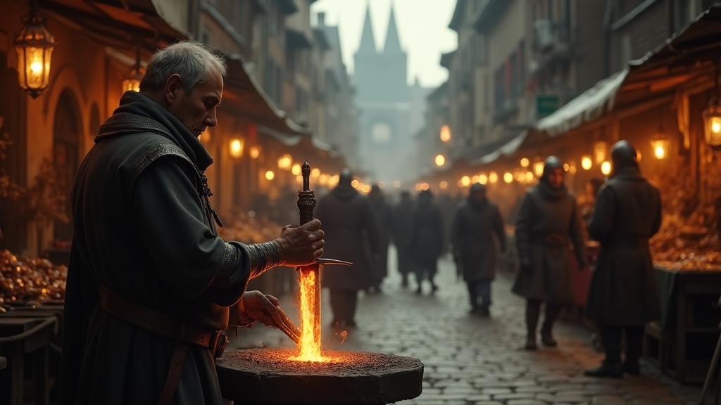 A cinematic wide-angle shot of a medieval marketplace.jpeg