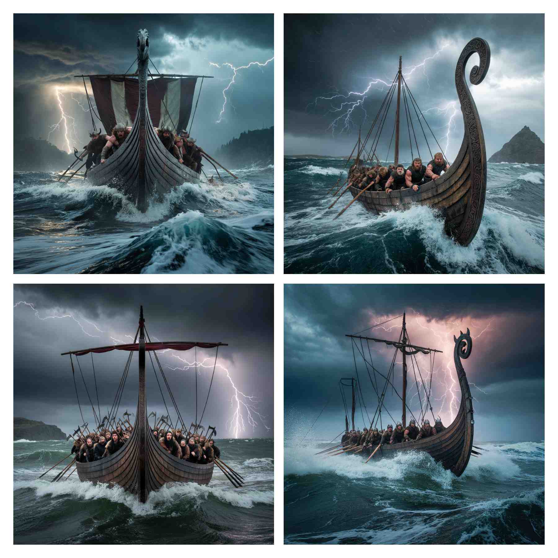 A wide-angle cinematic scene of a Viking longship crashing through a stormy sea.jpeg